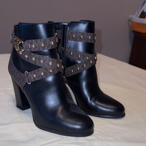 Michael Kors Black Leather Ankle Boots with Brown Logo Studded Straps